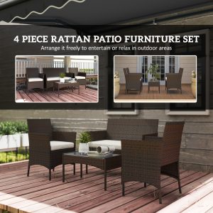 Outsunny 4 Pieces Wicker Outdoor Balcony Furniture Set Rattan Patio Furniture Set with Loveseat Chairs Glass Coffee Table Beige - Image 7