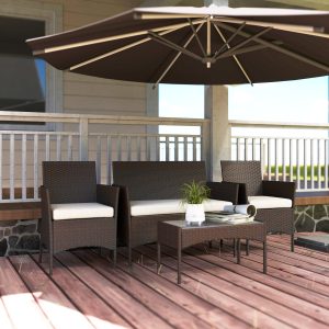 Outsunny 4 Pieces Wicker Outdoor Balcony Furniture Set Rattan Patio Furniture Set with Loveseat Chairs Glass Coffee Table Beige - Image 9