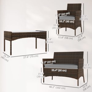 Outsunny 4 Pieces Wicker Outdoor Balcony Furniture Set Rattan Patio Furniture Set with Loveseat Chairs Glass Coffee Table Grey - Image 3