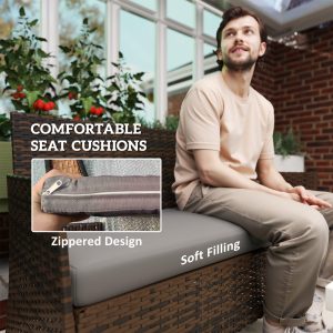 Outsunny 4 Pieces Wicker Outdoor Balcony Furniture Set Rattan Patio Furniture Set with Loveseat Chairs Glass Coffee Table Grey - Image 5