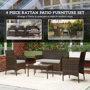 Outsunny 4 Pieces Wicker Outdoor Balcony Furniture Set Rattan Patio Furniture Set with Loveseat Chairs Glass Coffee Table Grey - Image 7