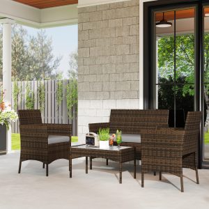 Outsunny 4 Pieces Wicker Outdoor Balcony Furniture Set Rattan Patio Furniture Set with Loveseat Chairs Glass Coffee Table Grey - Image 8