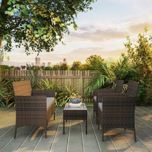 Outsunny 4 Pieces Wicker Outdoor Balcony Furniture Set Rattan Patio Furniture Set with Loveseat Chairs Glass Coffee Table Grey - Image 10