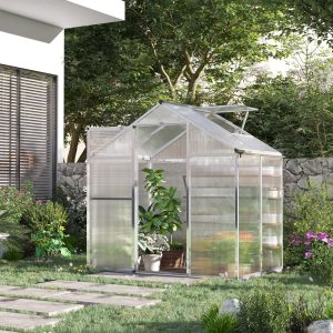 Outsunny 4' x 6.2' x 6.4' Walk-in Garden Greenhouse, Polycarbonate Panels Plants Flower Growth Shed, Cold Aluminum Frame Outdoor Portable Warm House - Image 1