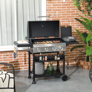 Outsunny 40,000 BTU Propane Gas Grill BBQ Cart with 4 Main Burners, 1 Side Burner, with Warming Rack, Side Prep Tables, Black - Image 1