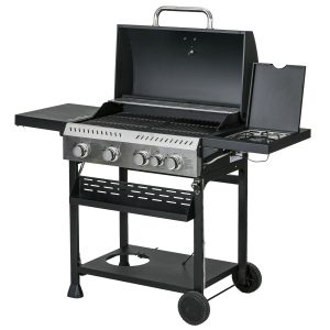 Outsunny 40,000 BTU Propane Gas Grill BBQ Cart with 4 Main Burners, 1 Side Burner, with Warming Rack, Side Prep Tables, Black - Image 2