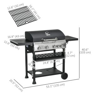 Outsunny 40,000 BTU Propane Gas Grill BBQ Cart with 4 Main Burners, 1 Side Burner, with Warming Rack, Side Prep Tables, Black - Image 3