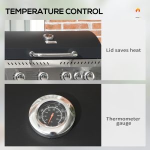 Outsunny 40,000 BTU Propane Gas Grill BBQ Cart with 4 Main Burners, 1 Side Burner, with Warming Rack, Side Prep Tables, Black - Image 5