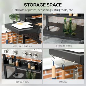 Outsunny 40,000 BTU Propane Gas Grill BBQ Cart with 4 Main Burners, 1 Side Burner, with Warming Rack, Side Prep Tables, Black - Image 6