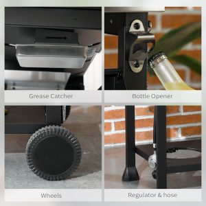 Outsunny 40,000 BTU Propane Gas Grill BBQ Cart with 4 Main Burners, 1 Side Burner, with Warming Rack, Side Prep Tables, Black - Image 7