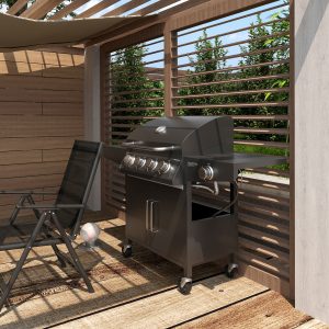 Outsunny 4+1 Burner Liquid Propane Gas Grill Outdoor Cabinet Style BBQ Trolley w/ Side Burner, Warming Rack, Side Shelf, Storage Cabinet, Thermometer, 4 Wheels, Carbon Steel, Black - Image 1