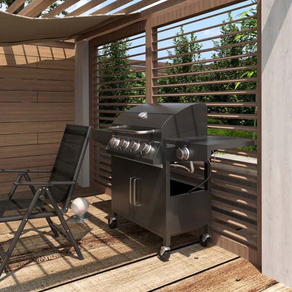 Outsunny 4+1 Burner Liquid Propane Gas Grill Outdoor Cabinet Style BBQ Trolley w/ Side Burner, Warming Rack, Side Shelf, Storage Cabinet, Thermometer, 4 Wheels, Carbon Steel, Black - Image 1