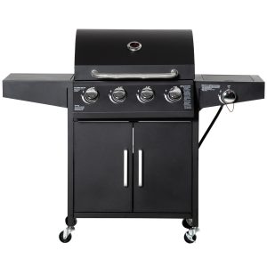 Outsunny 4+1 Burner Liquid Propane Gas Grill Outdoor Cabinet Style BBQ Trolley w/ Side Burner, Warming Rack, Side Shelf, Storage Cabinet, Thermometer, 4 Wheels, Carbon Steel, Black - Image 2