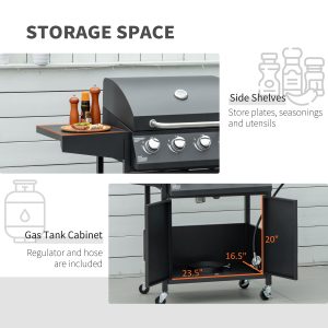 Outsunny 4+1 Burner Liquid Propane Gas Grill Outdoor Cabinet Style BBQ Trolley w/ Side Burner, Warming Rack, Side Shelf, Storage Cabinet, Thermometer, 4 Wheels, Carbon Steel, Black - Image 6