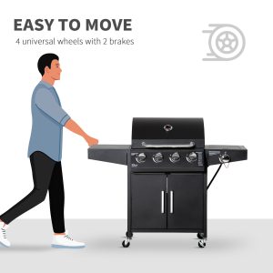 Outsunny 4+1 Burner Liquid Propane Gas Grill Outdoor Cabinet Style BBQ Trolley w/ Side Burner, Warming Rack, Side Shelf, Storage Cabinet, Thermometer, 4 Wheels, Carbon Steel, Black - Image 7