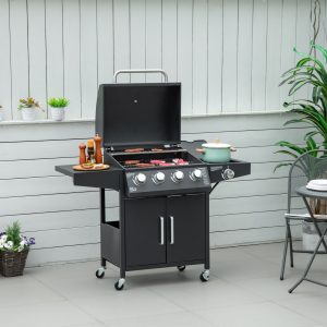Outsunny 4+1 Burner Liquid Propane Gas Grill Outdoor Cabinet Style BBQ Trolley w/ Side Burner, Warming Rack, Side Shelf, Storage Cabinet, Thermometer, 4 Wheels, Carbon Steel, Black - Image 8