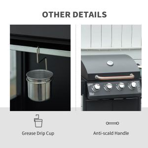 Outsunny 4+1 Burner Liquid Propane Gas Grill Outdoor Cabinet Style BBQ Trolley w/ Side Burner, Warming Rack, Side Shelf, Storage Cabinet, Thermometer, 4 Wheels, Carbon Steel, Black - Image 9