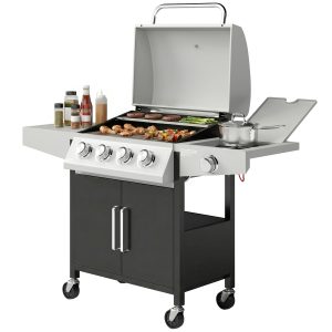 Outsunny 4+1 Burner Liquid Propane Gas Grill, Outdoor Portable BBQ Grill with Side Burner, Warming Rack, Side Shelf - Image 2