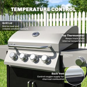 Outsunny 4+1 Burner Liquid Propane Gas Grill, Outdoor Portable BBQ Grill with Side Burner, Warming Rack, Side Shelf - Image 15