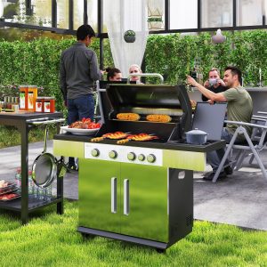 Outsunny 4+1 Burner Liquid Propane Gas Grill Outdoor Portable BBQ with Side Burner, Warming Rack, Side Shelf, Storage Cabinet, Thermometer, 4 Wheels, Tank Holder, Silver - Image 1