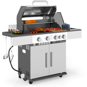 Outsunny 4+1 Burner Liquid Propane Gas Grill Outdoor Portable BBQ with Side Burner, Warming Rack, Side Shelf, Storage Cabinet, Thermometer, 4 Wheels, Tank Holder, Silver - Image 11