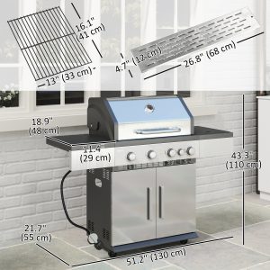 Outsunny 4+1 Burner Liquid Propane Gas Grill Outdoor Portable BBQ with Side Burner, Warming Rack, Side Shelf, Storage Cabinet, Thermometer, 4 Wheels, Tank Holder, Silver - Image 3