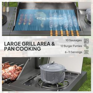 Outsunny 4+1 Burner Liquid Propane Gas Grill Outdoor Portable BBQ with Side Burner, Warming Rack, Side Shelf, Storage Cabinet, Thermometer, 4 Wheels, Tank Holder, Silver - Image 4