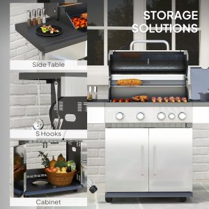 Outsunny 4+1 Burner Liquid Propane Gas Grill Outdoor Portable BBQ with Side Burner, Warming Rack, Side Shelf, Storage Cabinet, Thermometer, 4 Wheels, Tank Holder, Silver - Image 6