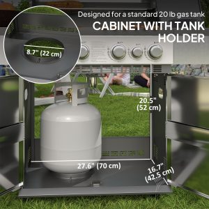 Outsunny 4+1 Burner Liquid Propane Gas Grill Outdoor Portable BBQ with Side Burner, Warming Rack, Side Shelf, Storage Cabinet, Thermometer, 4 Wheels, Tank Holder, Silver - Image 7