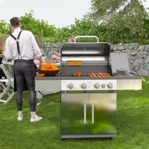 Outsunny 4+1 Burner Liquid Propane Gas Grill Outdoor Portable BBQ with Side Burner, Warming Rack, Side Shelf, Storage Cabinet, Thermometer, 4 Wheels, Tank Holder, Silver - Image 8