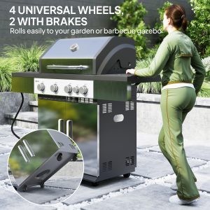 Outsunny 4+1 Burner Liquid Propane Gas Grill Outdoor Portable BBQ with Side Burner, Warming Rack, Side Shelf, Storage Cabinet, Thermometer, 4 Wheels, Tank Holder, Silver - Image 10