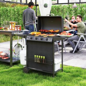 Outsunny 4+1 Burner Propane Gas BBQ Grill, Portable Gas Barbecue Grill with Side Burner, Thermometer, Lid, Side Table, Shelf, Spice Rack, Wheels, Grease Cup for Garden, Black - Image 1