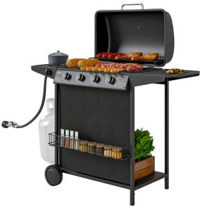 Outsunny 4+1 Burner Propane Gas BBQ Grill, Portable Gas Barbecue Grill with Side Burner, Thermometer, Lid, Side Table, Shelf, Spice Rack, Wheels, Grease Cup for Garden, Black - Image 2