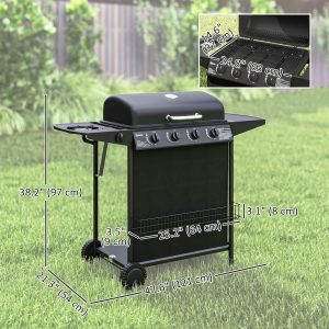 Outsunny 4+1 Burner Propane Gas BBQ Grill, Portable Gas Barbecue Grill with Side Burner, Thermometer, Lid, Side Table, Shelf, Spice Rack, Wheels, Grease Cup for Garden, Black - Image 3