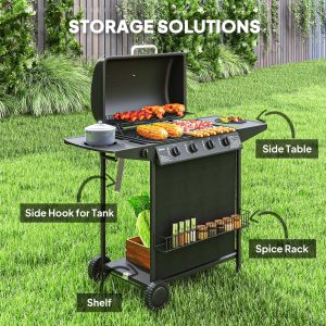Outsunny 4+1 Burner Propane Gas BBQ Grill, Portable Gas Barbecue Grill with Side Burner, Thermometer, Lid, Side Table, Shelf, Spice Rack, Wheels, Grease Cup for Garden, Black - Image 6