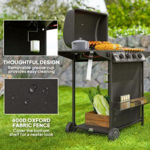 Outsunny 4+1 Burner Propane Gas BBQ Grill, Portable Gas Barbecue Grill with Side Burner, Thermometer, Lid, Side Table, Shelf, Spice Rack, Wheels, Grease Cup for Garden, Black - Image 7
