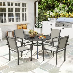 Outsunny 5 Piece Outdoor Dining Set with Round Table and 4 Stackable Chairs, for Backyard, Lawn, Deck, Balcony, Pool Side - Image 1