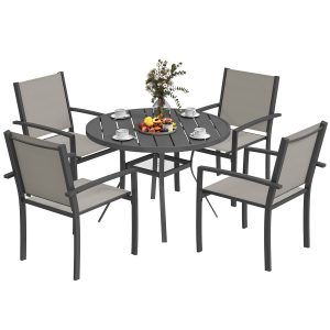 Outsunny 5 Piece Outdoor Dining Set with Round Table and 4 Stackable Chairs, for Backyard, Lawn, Deck, Balcony, Pool Side - Image 2