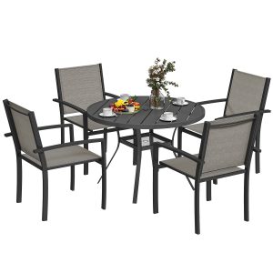 Outsunny 5 Piece Outdoor Dining Set with Round Table and 4 Stackable Chairs, for Backyard, Lawn, Deck, Balcony, Pool Side - Image 11