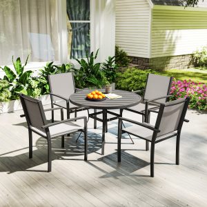 Outsunny 5 Piece Outdoor Dining Set with Round Table and 4 Stackable Chairs, for Backyard, Lawn, Deck, Balcony, Pool Side - Image 8