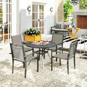 Outsunny 5 Piece Outdoor Dining Set with Round Table and 4 Stackable Chairs, for Backyard, Lawn, Deck, Balcony, Pool Side - Image 10