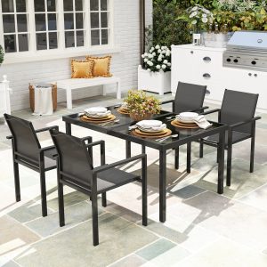 Outsunny 5 Piece Patio Dining Set with 4 Stackable Chairs, Tempered Glass Top, Rust-Resistant Metal Frame - Image 1