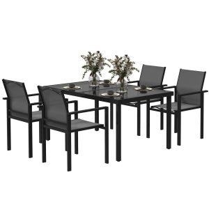 Outsunny 5 Piece Patio Dining Set with 4 Stackable Chairs, Tempered Glass Top, Rust-Resistant Metal Frame - Image 2