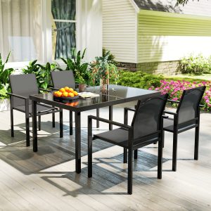 Outsunny 5 Piece Patio Dining Set with 4 Stackable Chairs, Tempered Glass Top, Rust-Resistant Metal Frame - Image 8
