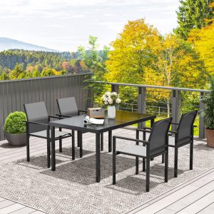 Outsunny 5 Piece Patio Dining Set with 4 Stackable Chairs, Tempered Glass Top, Rust-Resistant Metal Frame - Image 10
