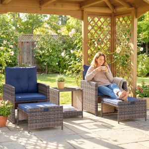 Outsunny 5 Piece Patio Furniture Set, Wicker Patio Chairs with Ottomans, 2-Tier Glass Coffee Table and Cushions, Brown/Dark Blue - Image 1