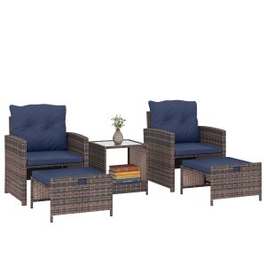 Outsunny 5 Piece Patio Furniture Set, Wicker Patio Chairs with Ottomans, 2-Tier Glass Coffee Table and Cushions, Brown/Dark Blue - Image 11