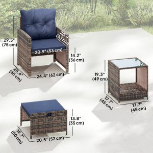 Outsunny 5 Piece Patio Furniture Set, Wicker Patio Chairs with Ottomans, 2-Tier Glass Coffee Table and Cushions, Brown/Dark Blue - Image 3