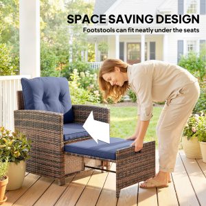 Outsunny 5 Piece Patio Furniture Set, Wicker Patio Chairs with Ottomans, 2-Tier Glass Coffee Table and Cushions, Brown/Dark Blue - Image 4