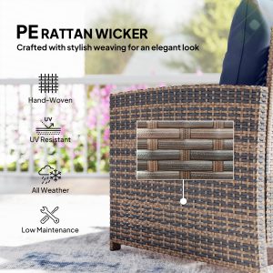 Outsunny 5 Piece Patio Furniture Set, Wicker Patio Chairs with Ottomans, 2-Tier Glass Coffee Table and Cushions, Brown/Dark Blue - Image 6